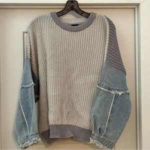 Debut Cream Knit Sweater Denim Sleeves NWOT
